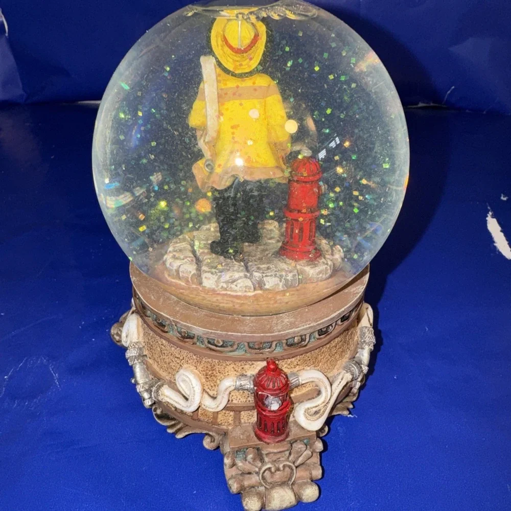 Fire Fighter Water Globe Music Box Plays Wind Beneath My Wings Wind Up Works